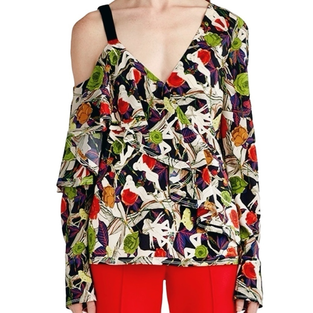 Jason Wu Collection Forbidden Garden Print Asymmetric Ruffled Blouse Size 6